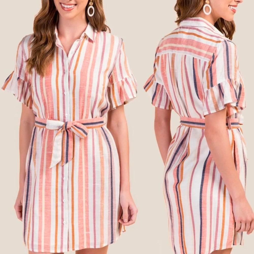 Harper Heritage x Francesca, Striped Shirt Dress, Small,Pink and Orange stripes